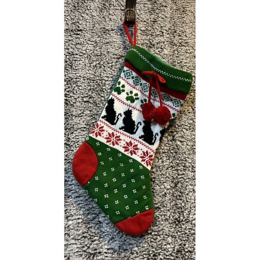 Christmas Stocking Knitted Black Cat‎ Red Green Fair Isle Paw NEW 17. 5 Inch